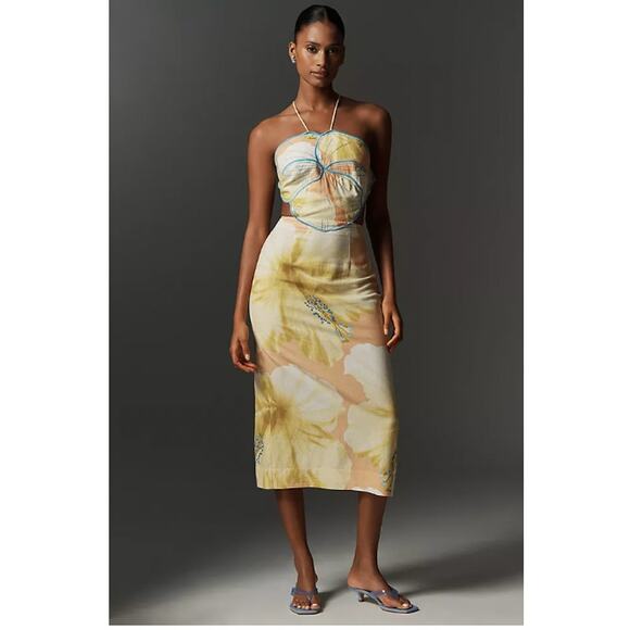 Farm Rio x Anthropologie Floral Printed Linen Blend Halter Midi Dress Large - Picture 1 of 5